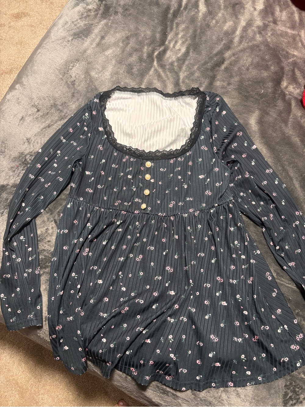 Dark Floral Scoop Neck Peplum Top - Black with Pink Flowers - Picture 1 of 3